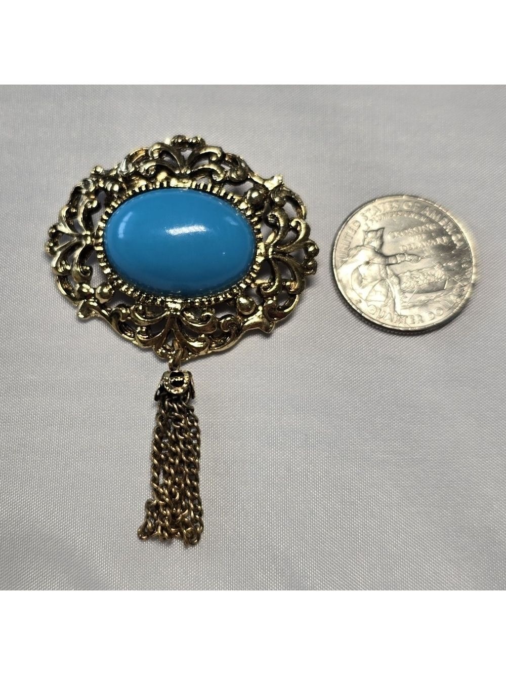 Vintage Gold and Blue Brooch with Tassel - Picture 2 of 3